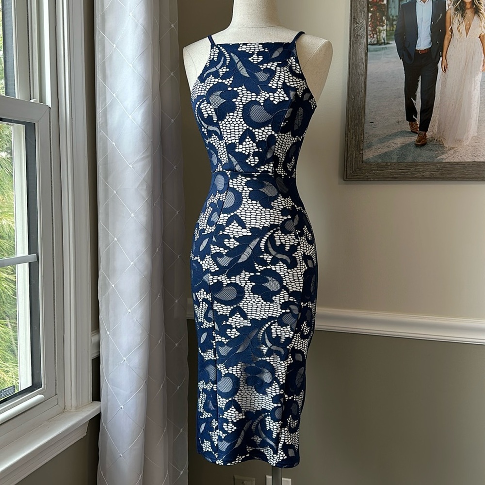 Navy Blue Stretch Lace Midi Dress